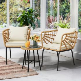 3-Piece Beige Outdoor Patio Furniture Wicker Bistro Set, With 2 Chairs and Coffee Table, Cushions and Lumbar Pillows 3-Piece Beige Outdoor Patio Furniture Wicker Bistro Set, With 2 Chairs and Coffee Table, Cushions and Lumbar Pillows